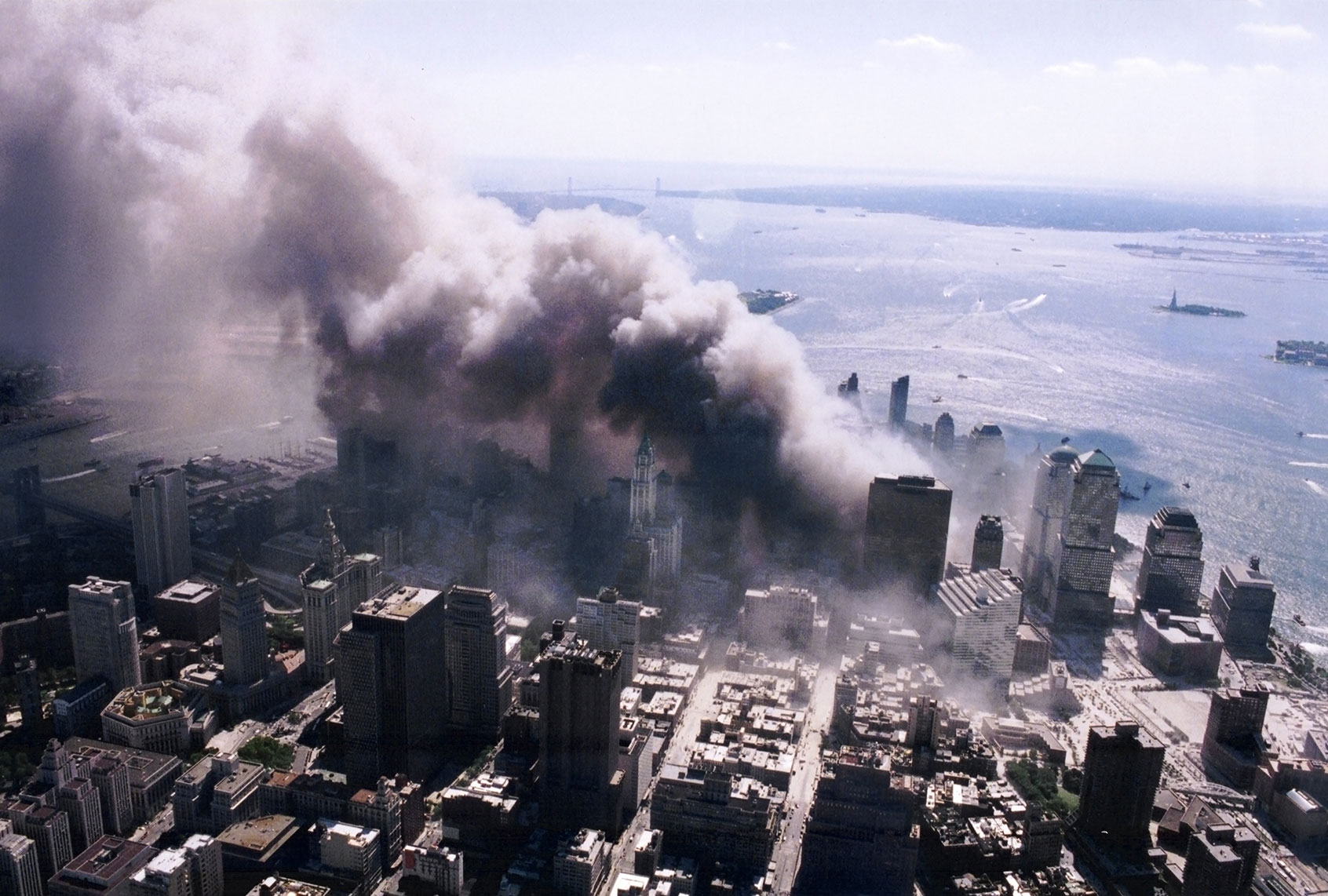 An aerial view of ground zero burning after the September 11 terrorist attacks. (NIST)