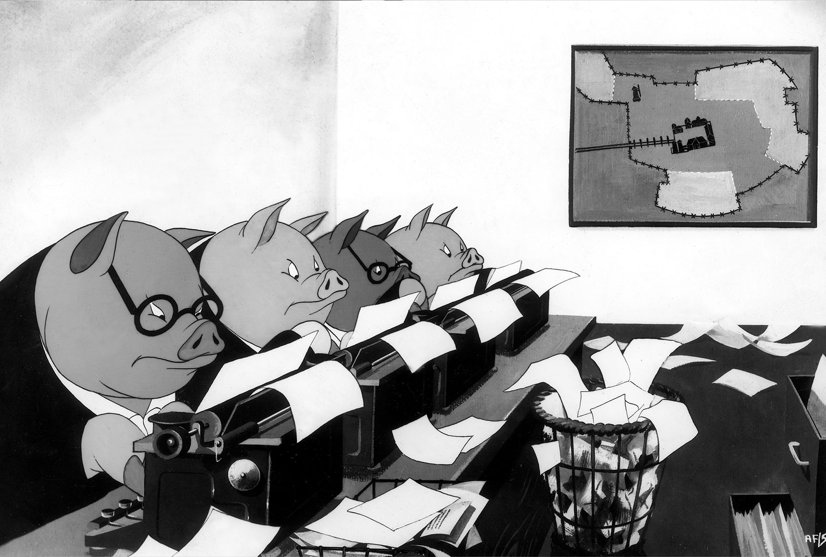 Scene with pigs from the film "Animal Farm" based on George Orwell, 1955. (Photo by ullstein bild / ullstein bild via Getty Images)
