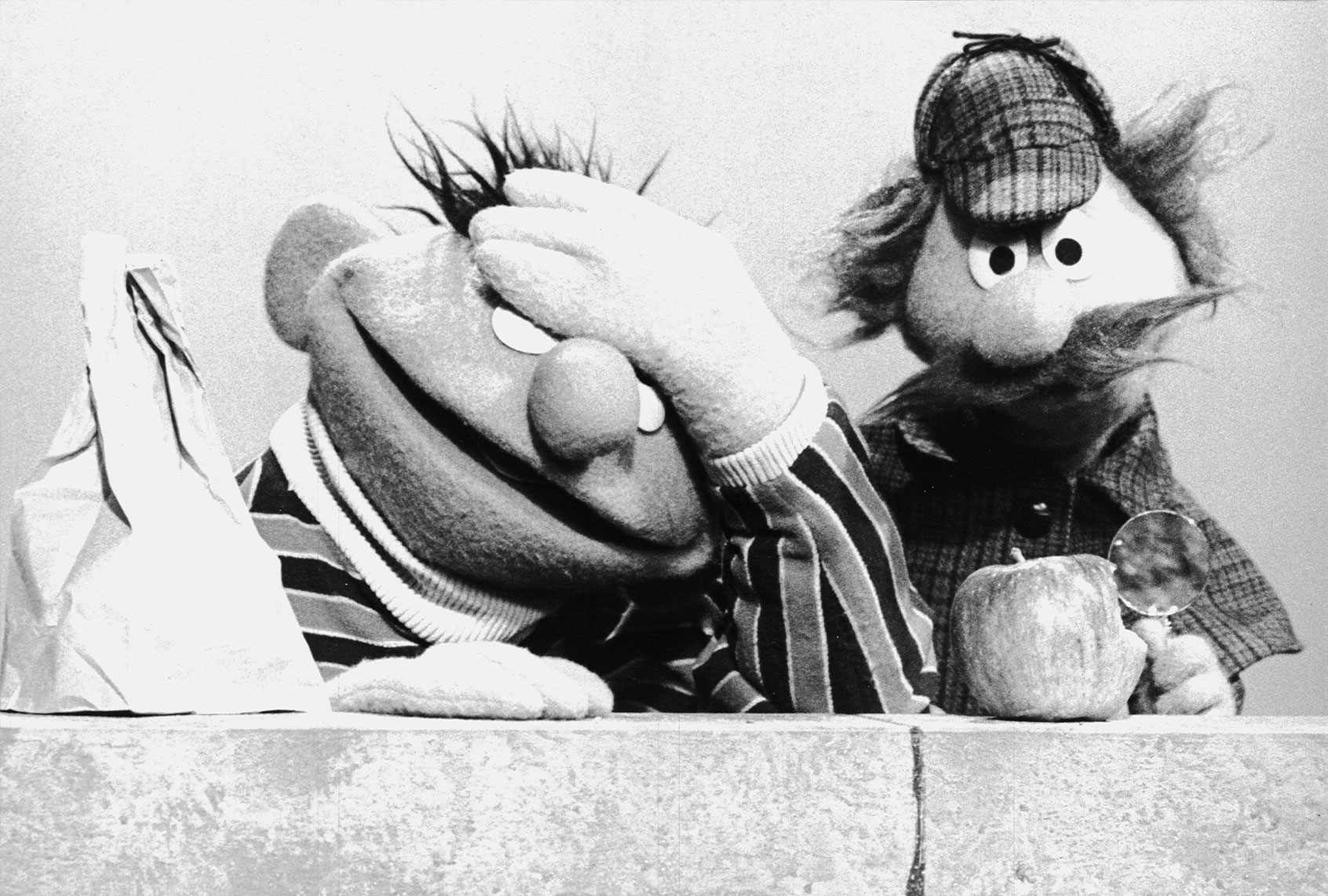 Ernie & Sherlock Hemlock on "Sesame Street" in late 1970 (Photo by Children's Television Workshop/Courtesy of Getty Images)