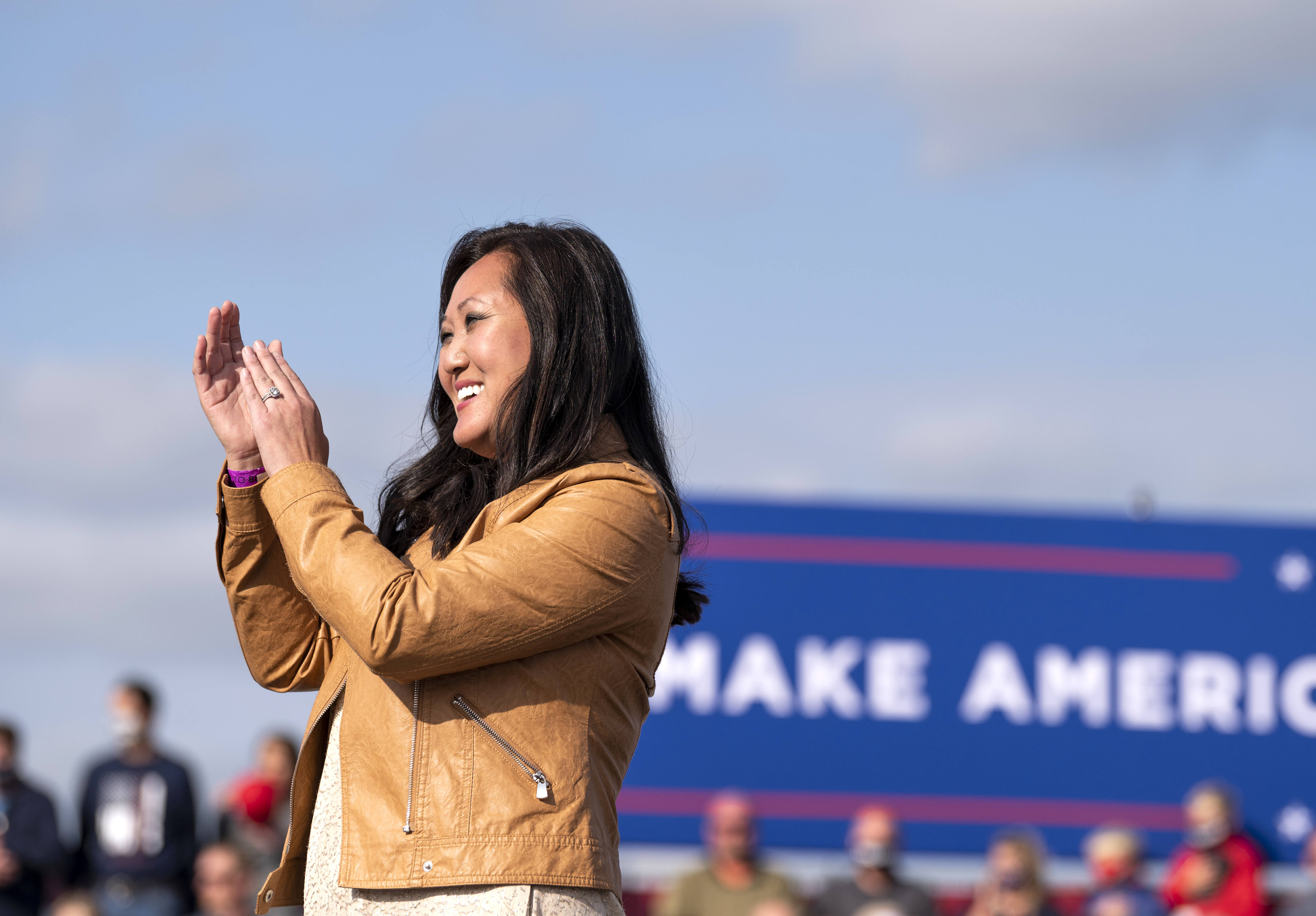 Minnesota Republican Party chair Jennifer Carnahan looks on during the national anthem during a rally for President Donald Trump at the Bemidji Regional Airport on September 18, 2020 in Bemidji, Minnesota.