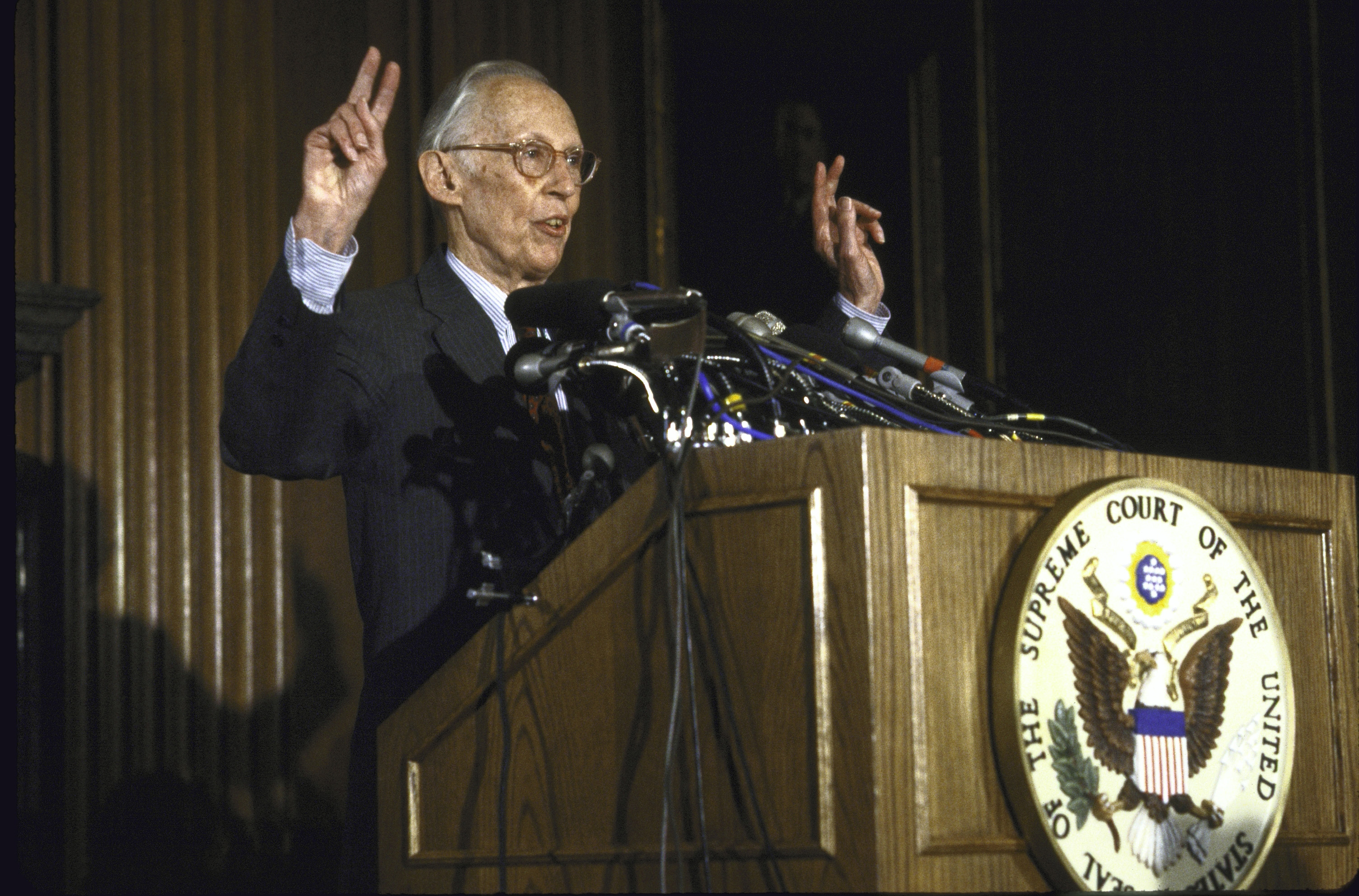 Supreme Court Justice Lewis F. Powell Jr. announcing his retirement from the Supreme Court. (Photo by Diana Walker/Getty Images)