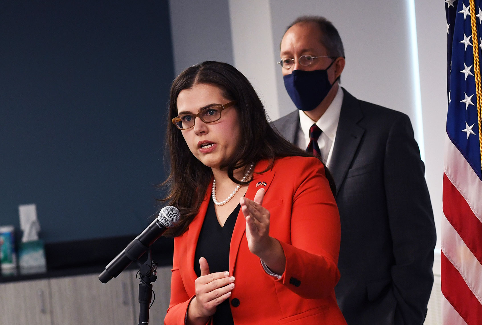 Colorado Secretary of State Jena Griswold speaks during a press conference about to the Mesa County election breach investigation on August 12, 2021 in Denver, Colorado. (RJ Sangosti/MediaNews Group/The Denver Post via Getty Images)