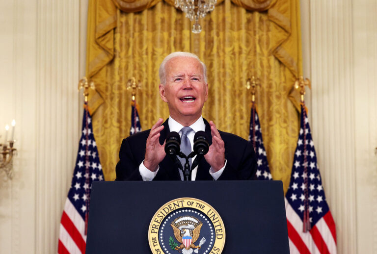 U.S. President Joe Biden gestures as he gives remarks on the worsening crisis in Afghanistan from the East Room of the White House August 16, 2021 in Washington, DC. Biden cut his vacation in Camp David short to address the nation as the Taliban have seized control in Afghanistan two weeks before the U.S. is set to complete its troop withdrawal after a costly two-decade war. (Anna Moneymaker/Getty Images)