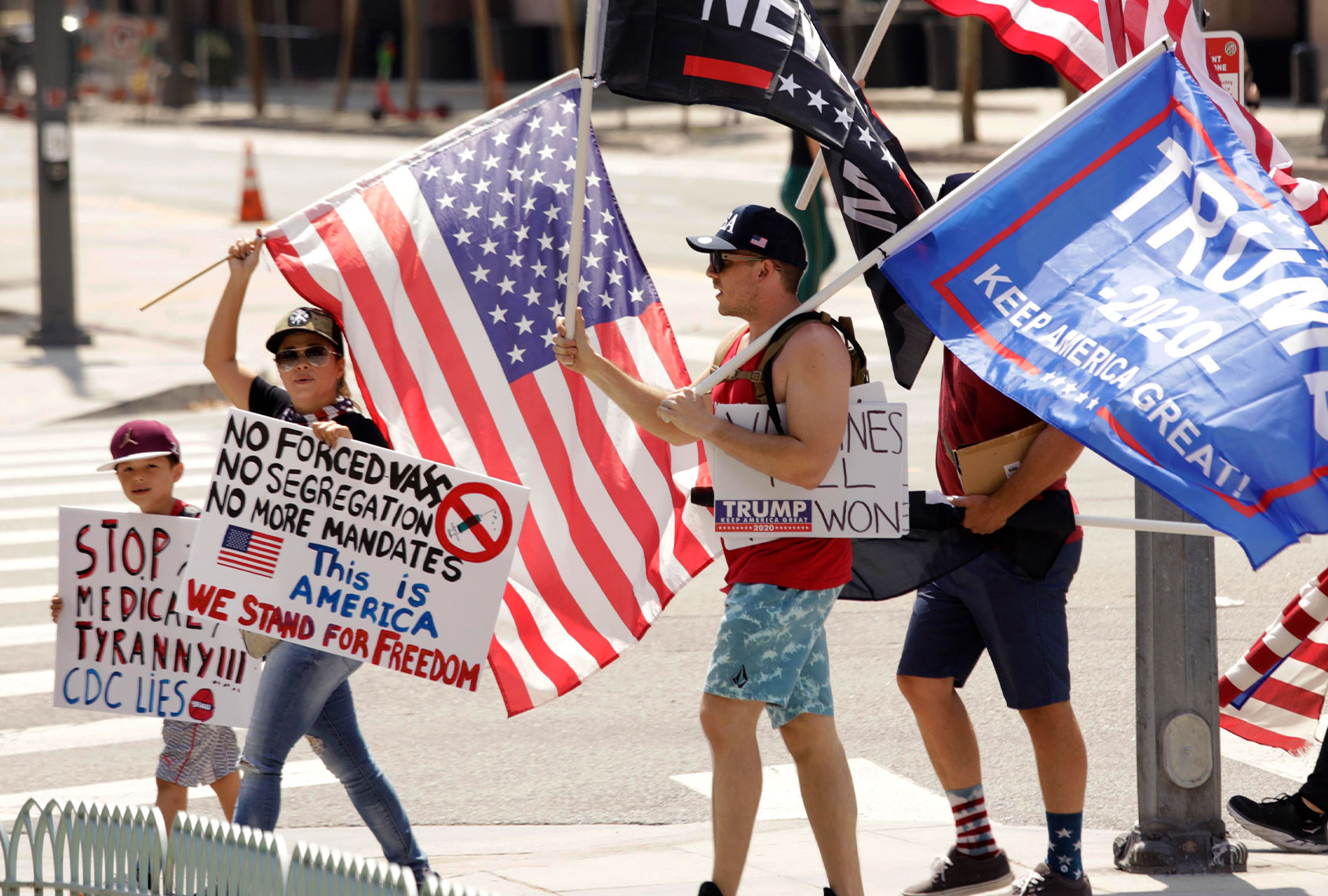 Advocates against vaccine mandates protest in front of City Hall in downtown Los Angeles on August 14, 2021. (Genaro Molina/Los Angeles Times via Getty Images)