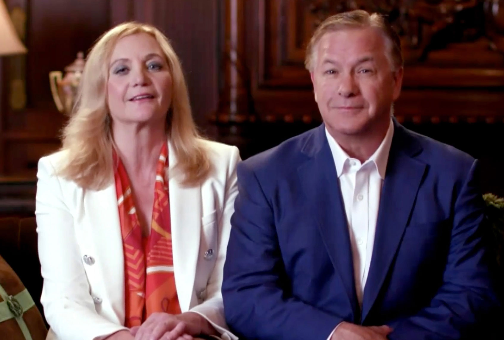 In this screenshot from the RNC’s livestream of the 2020 Republican National Convention, Patricia and Mark McCloskey, a couple from St. Louis who pointed guns at Black Lives Matter protesters. (Courtesy of the Committee on Arrangements for the 2020 Republican National Committee via Getty Images)
