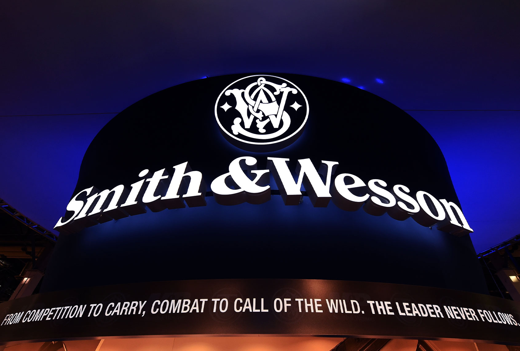 A sign at the c booth is shown at the National Shooting Sports Foundation's Shooting, Hunting, Outdoor Trade (SHOT) Show at the Sands Expo and Convention Center. (Ethan Miller/Getty Images)
