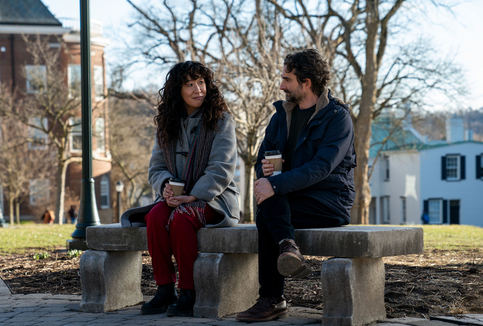 Sandra Oh as ﻿Dr. Ji-Yoon Kim and ﻿Jay Duplass as Bill Dobson in "The Chair" (Netflix)