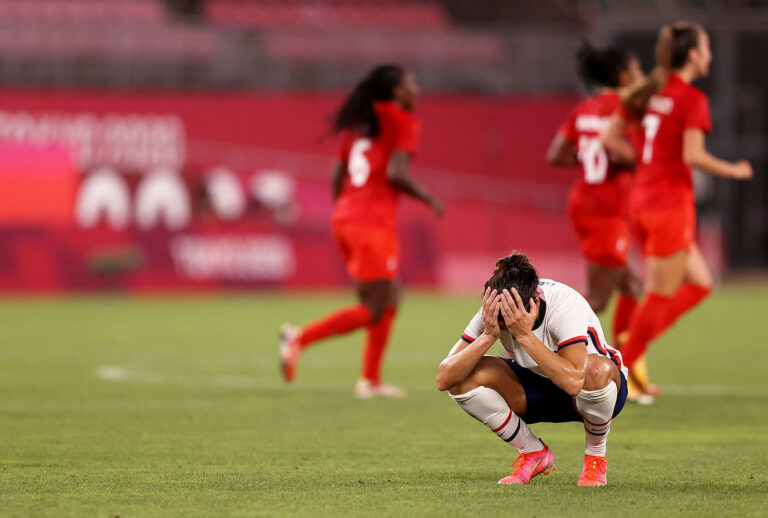 Carli Lloyd #10 of Team United States looks dejected following defeat in the Women's Semi-Final match between USA and Canada on day ten of the Tokyo Olympic Games at Kashima Stadium on August 02, 2021 in Kashima, Ibaraki, Japan. (Francois Nel/Getty Images)