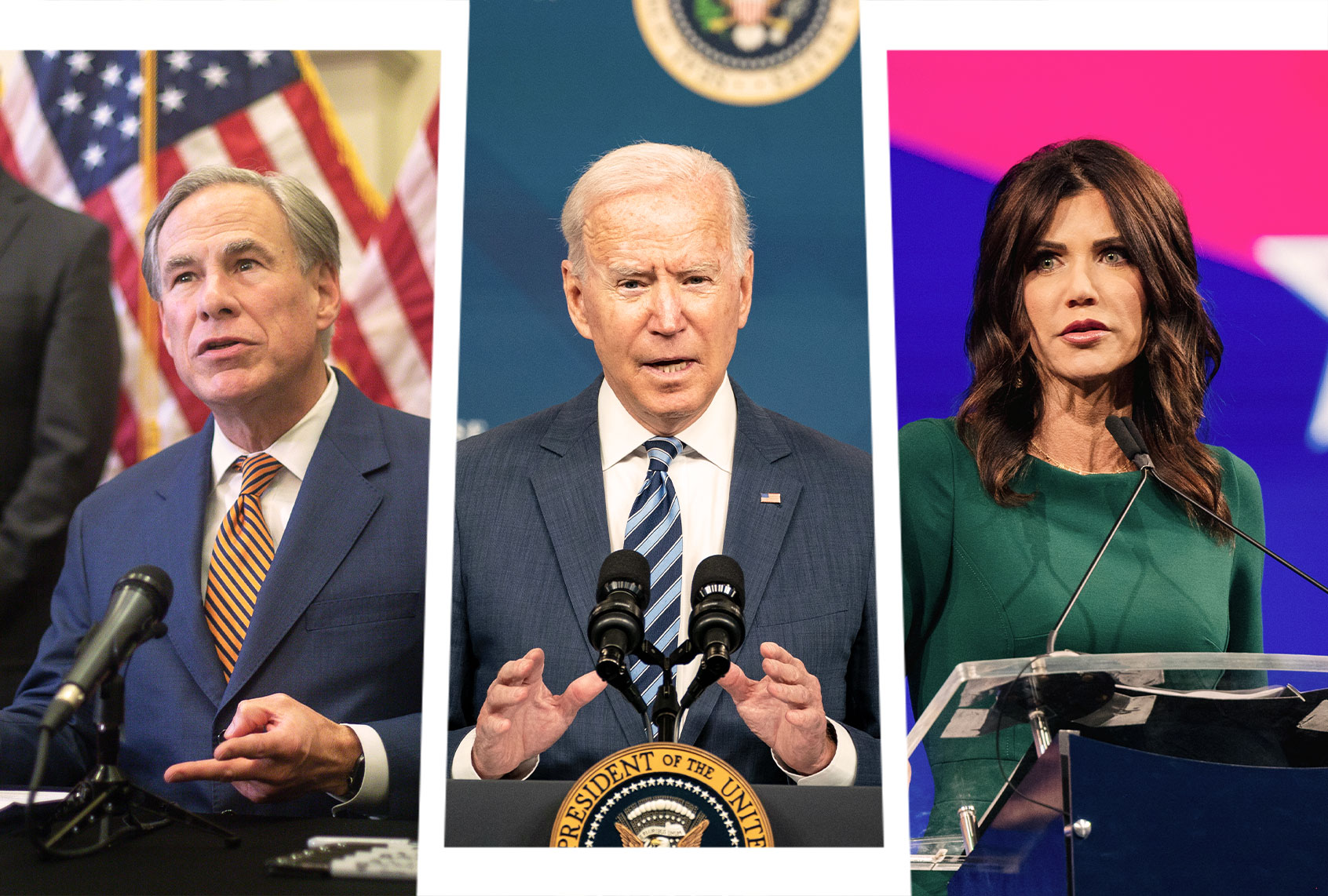 Greg Abbott, Joe Biden and Kristi Noem (Photo illustration by Salon/Getty Images)