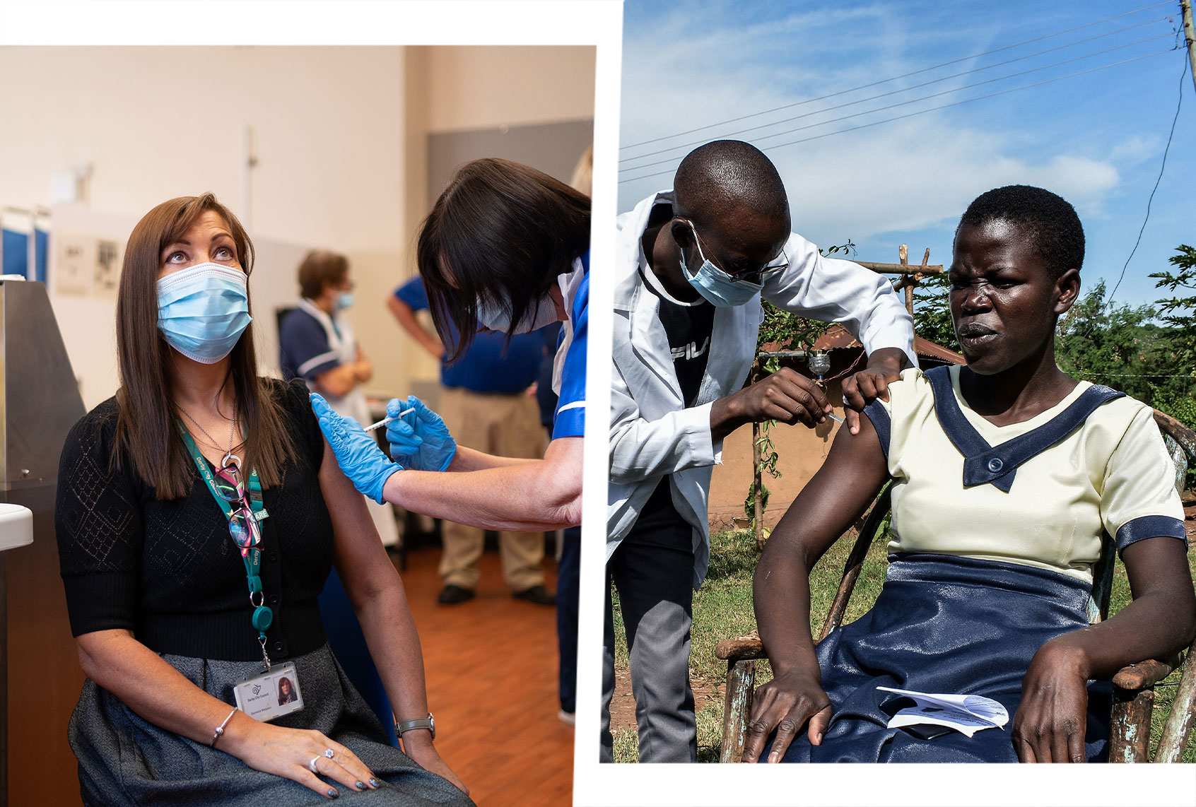 Danielle Webster receiving a Covid-19 booster vaccination at Midland House, Derby | A medical health worker injects the Oxford/AstraZeneca Covid-19 vaccine to a woman as they visit door-to-door to deliver the vaccines to people who live far from health facilities in Siaya, Kenya (Photo illustration by Salon/Getty Images/Joe Giddens/Brian Ongoro)