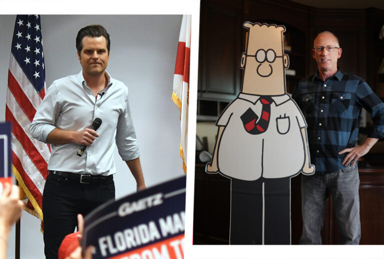 Rep. Matt Gaetz, left, and the cartoonist Scott Adams (Photo illustration by Salon/Getty Images)