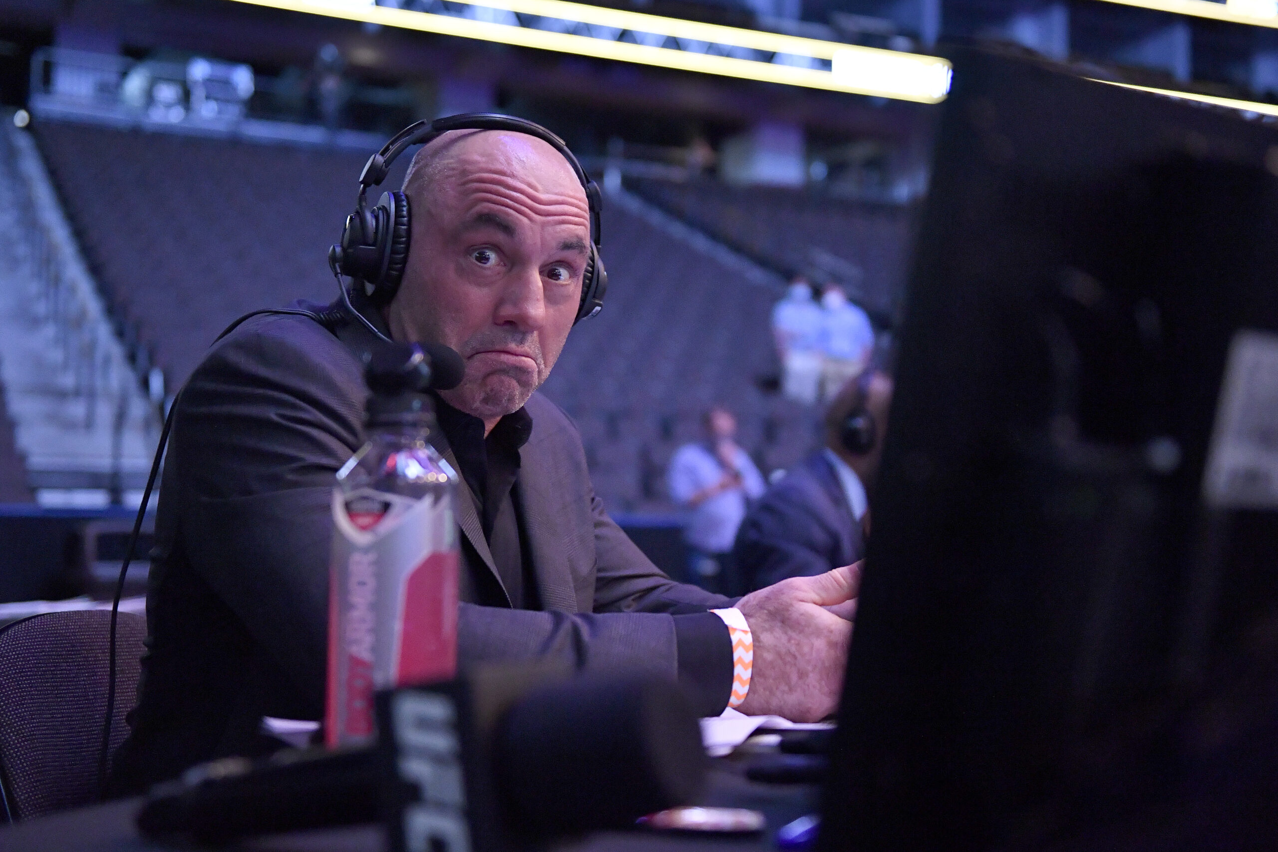 Announcer Joe Rogan reacts during UFC 249 at VyStar Veterans Memorial Arena on May 09, 2020 in Jacksonville, Florida. (Douglas P. DeFelice/Getty Images)