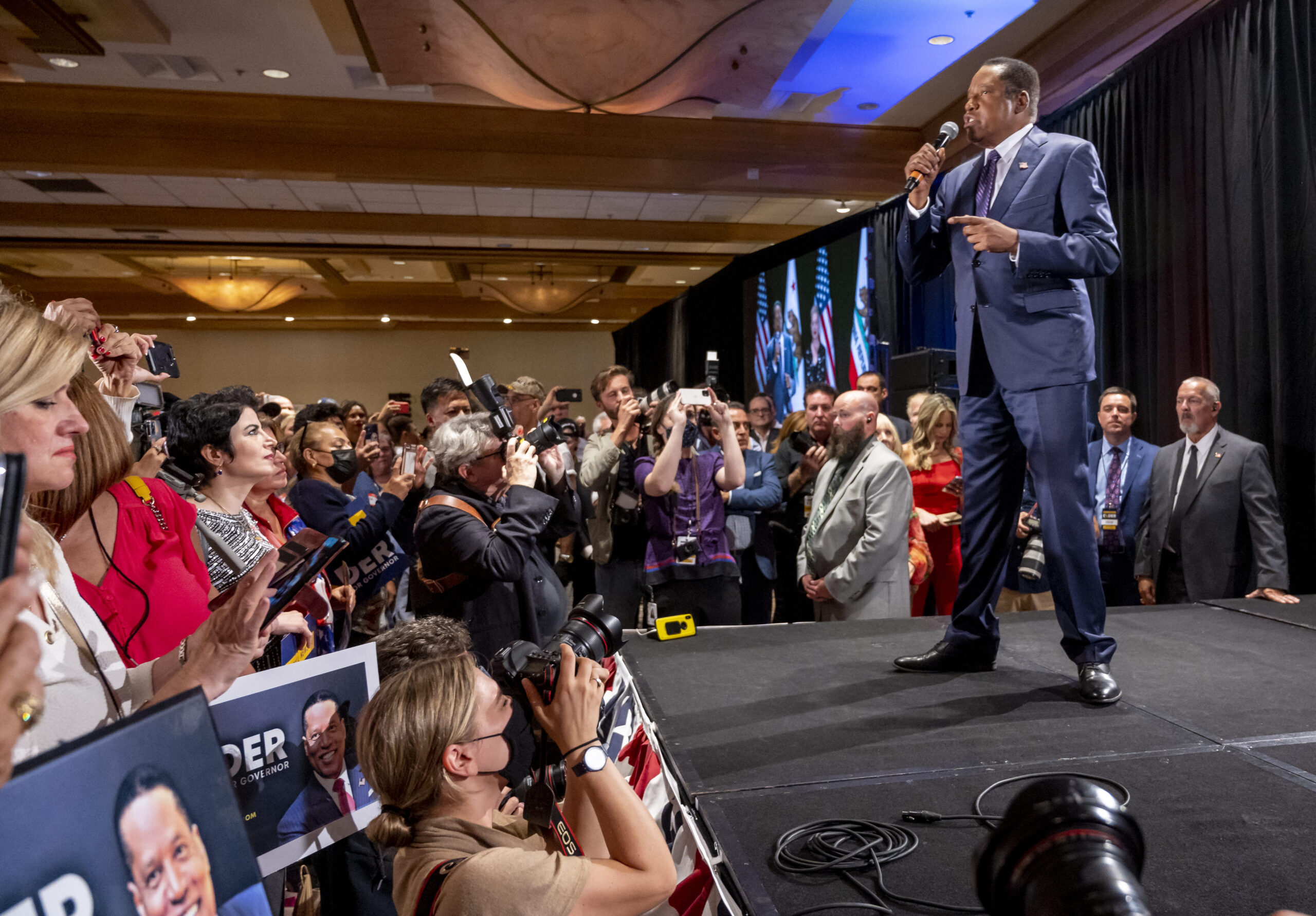 Larry Elder speaks to his supporters after conceding that the recall election was defeated during an election night event at the Hilton Orange County in Costa Mesa on Tuesday,September 14, 2021. (Leonard Ortiz/MediaNews Group/Orange County Register via Getty Images)