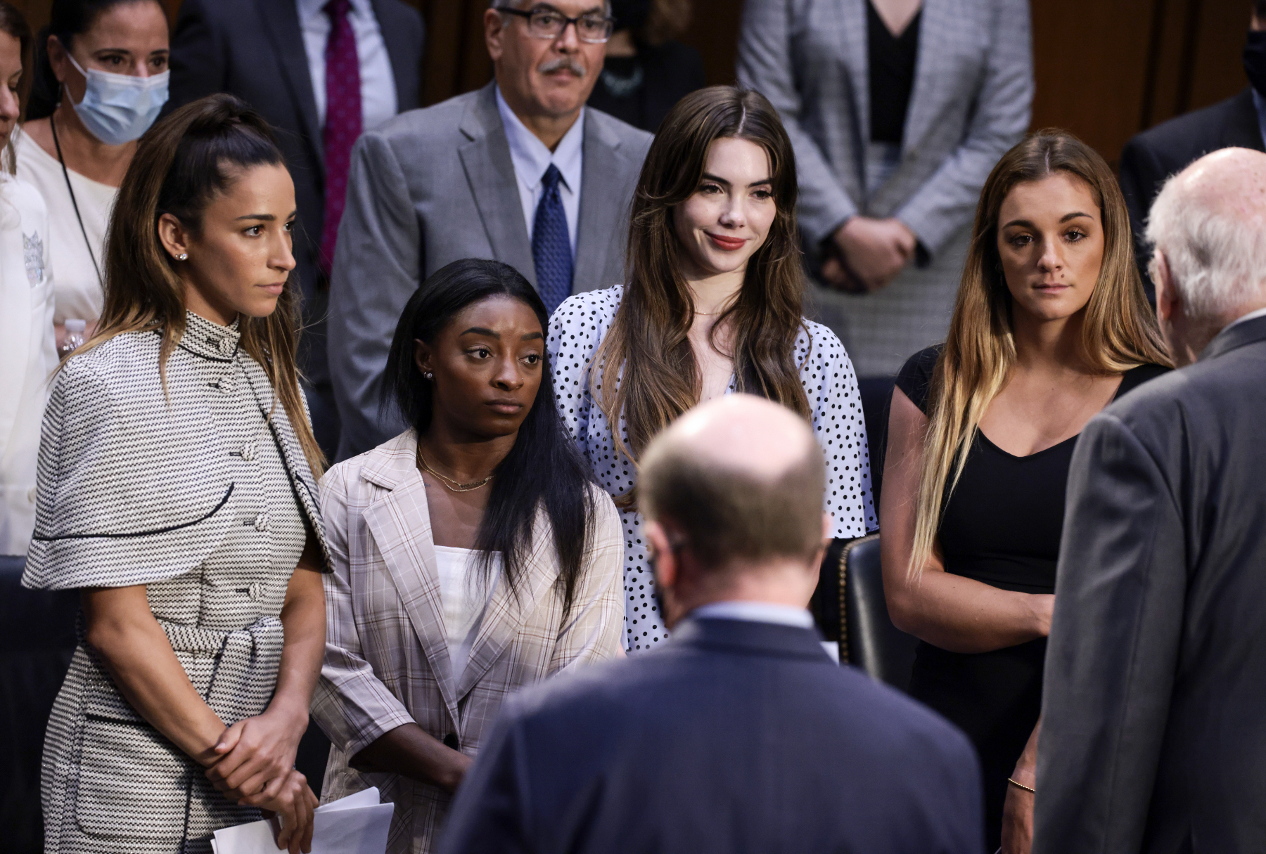 Gymnasts Aly Raisman, Simone Biles, McKayla Maroney and Maggie Nichols after their testimony during the Senate Judiciary hearing about FBI's handling of Larry Nassar sexual abuse investigation (Anna Moneymaker/Getty Images)