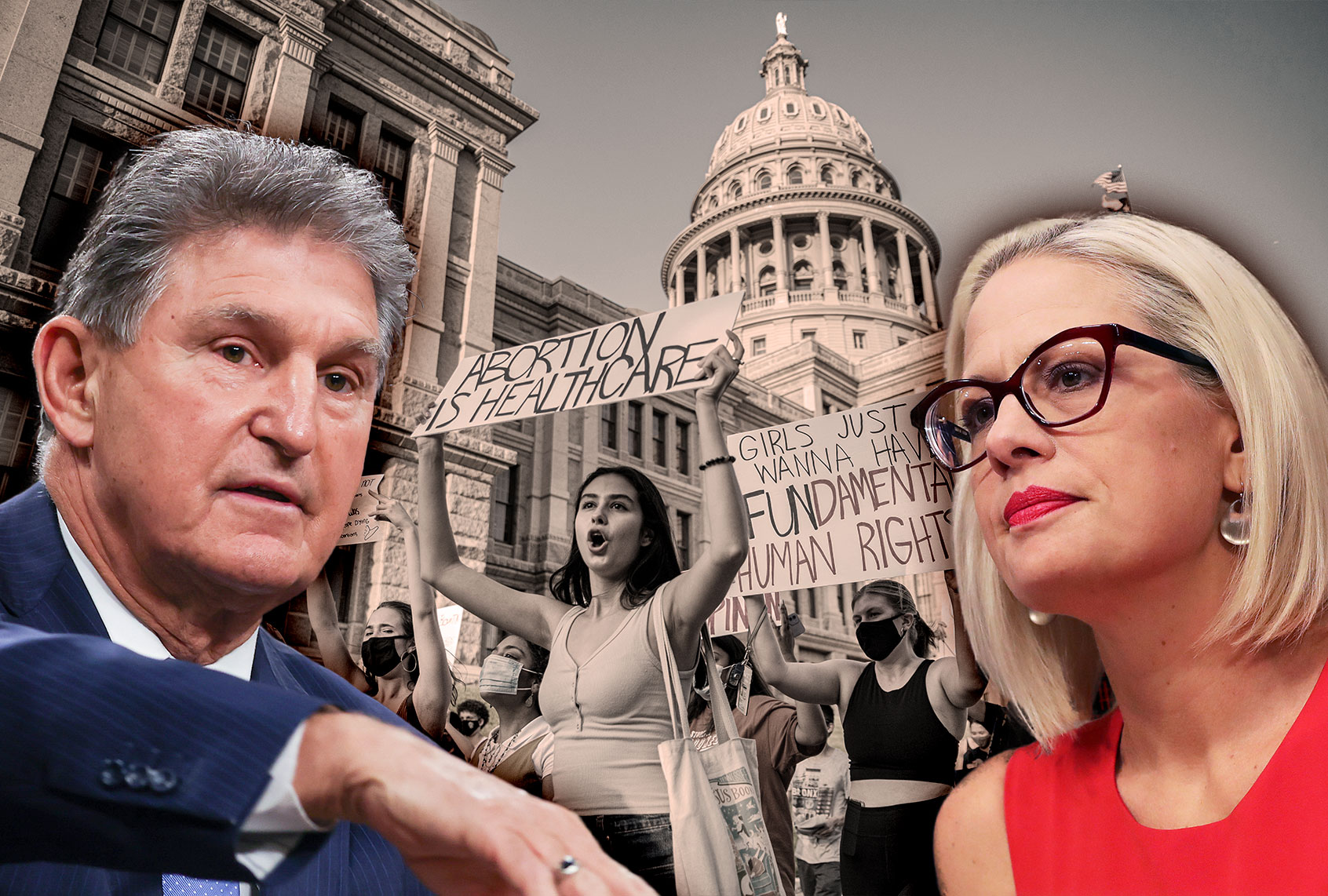 Joe Manchin and Kyrsten Sinema | Pro-choice protesters march outside the Texas State Capitol on Wednesday, Sept. 1, 2021 in Austin, TX. (Photo illustration by Salon/Getty Images)