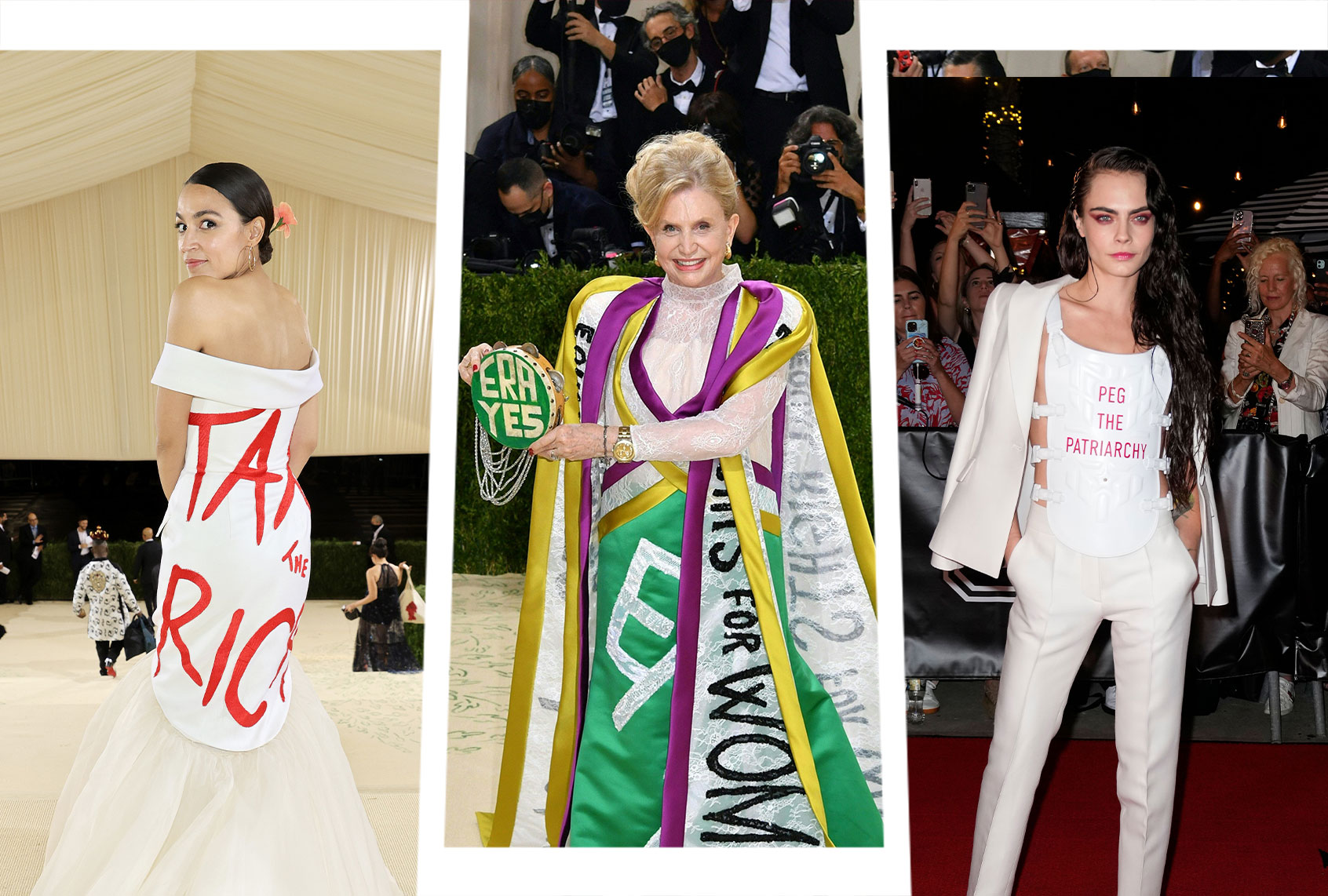 Alexandria Ocasio-Cortez, Carolyn B. Maloney and Cara Delevingne at the 2021 Met Gala (Photo illustration by Salon/Getty Images/Angela Weiss/Gotham/Jamie McCarthy)