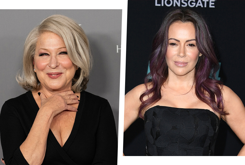 Bette Middler at the WSJ Magazine 2019 Innovator Awards in 2019, left. Alyssa Milano attends a "Bombshell" screening in 2019. (ANGELA WEISS/AFP via Getty Images; Jon Kopaloff/FilmMagic)