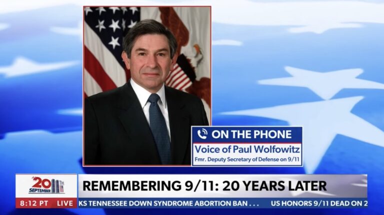 A still from Newsmax during an interview with a Paul Wolfowitz impersonator. (Newsmax/Screengrab)