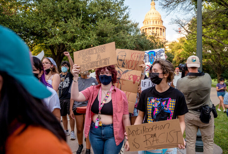 Pro-choice protesters march outside the Texas State Capitol on Wednesday, Sept. 1, 2021 in Austin, TX. (Sergio Flores For The Washington Post via Getty Images)