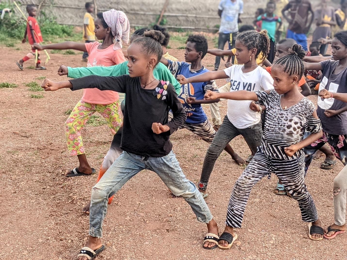 Tigrayan refugee children practice Tae Kwon Do in Um Rakuba refugee camp