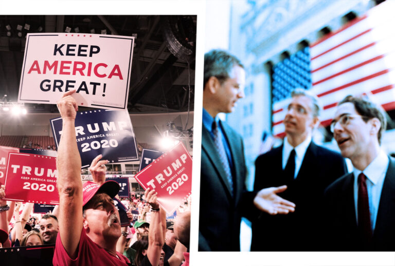 Donald Trump supporters wait for him to speak at a rally | Group of businessmen (Photo illustration by Salon/Getty Images)