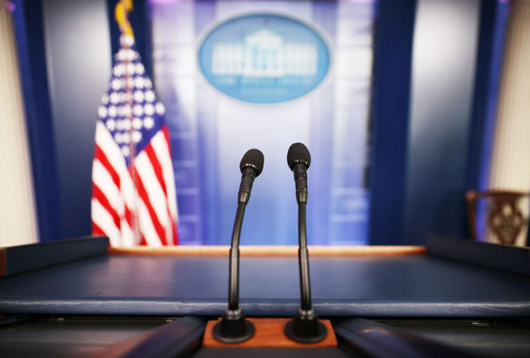 Close up of the podium in the James Brady Press Briefing Room at the White House in Washington, DC. (Chip Somodevilla/Getty Images)