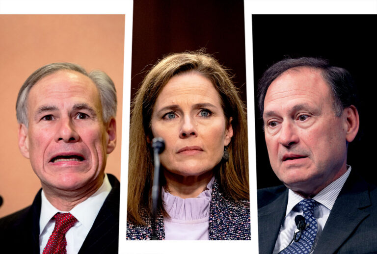 Greg Abbott, Amy Coney Barrett and  Samuel Alito (Photo illustration by Salon/Getty Images)