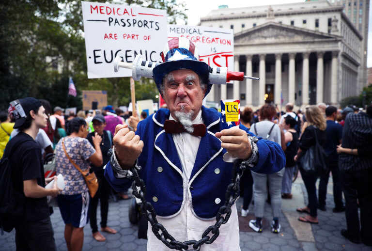 Hundreds are gathered at the "Freedom Rally" to protest vaccination mandate in New York City, United States on September 13, 2021. (Tayfun Coskun/Anadolu Agency via Getty Images)