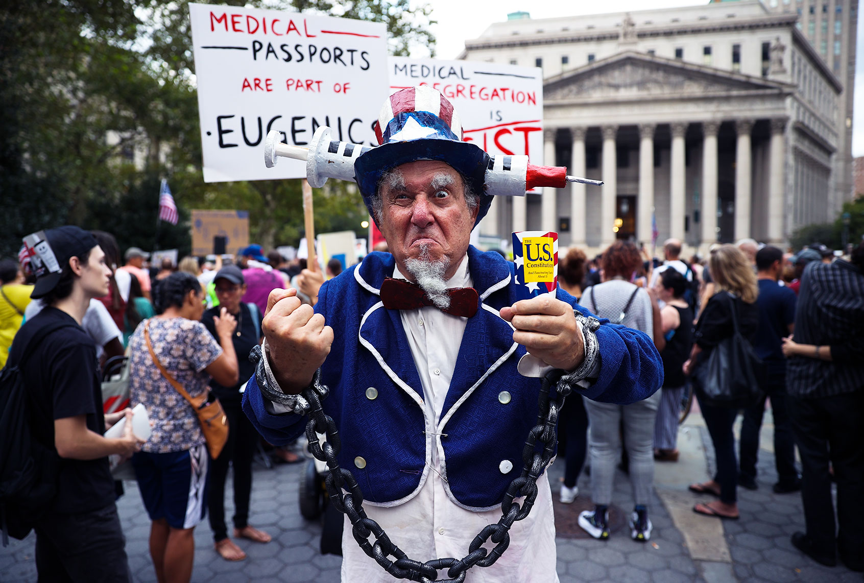 Hundreds are gathered at the "Freedom Rally" to protest vaccination mandate in New York City, United States on September 13, 2021. (Tayfun Coskun/Anadolu Agency via Getty Images)