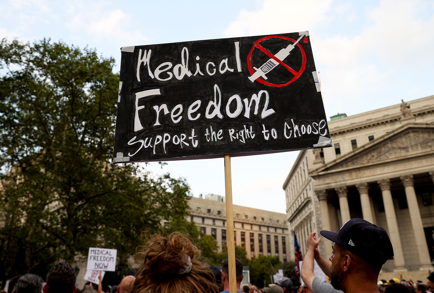 Hundreds are gathered to protest vaccination mandate in New York City, United States on September 13, 2021. (Tayfun Coskun/Anadolu Agency via Getty Images)