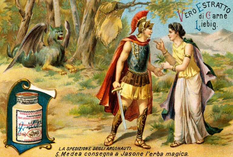 The voyage of the Argonauts, Medea gives the magic herb to Jason, 1892, Liebig figurine (DeAgostini/Getty Images)