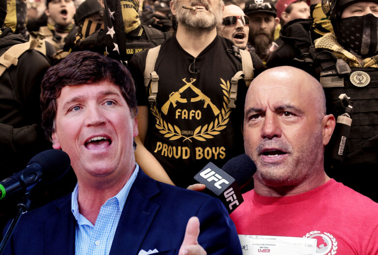 Tucker Carlson, Joe Rogan and the Proud Boys (Photo illustration by Salon/Getty Images)