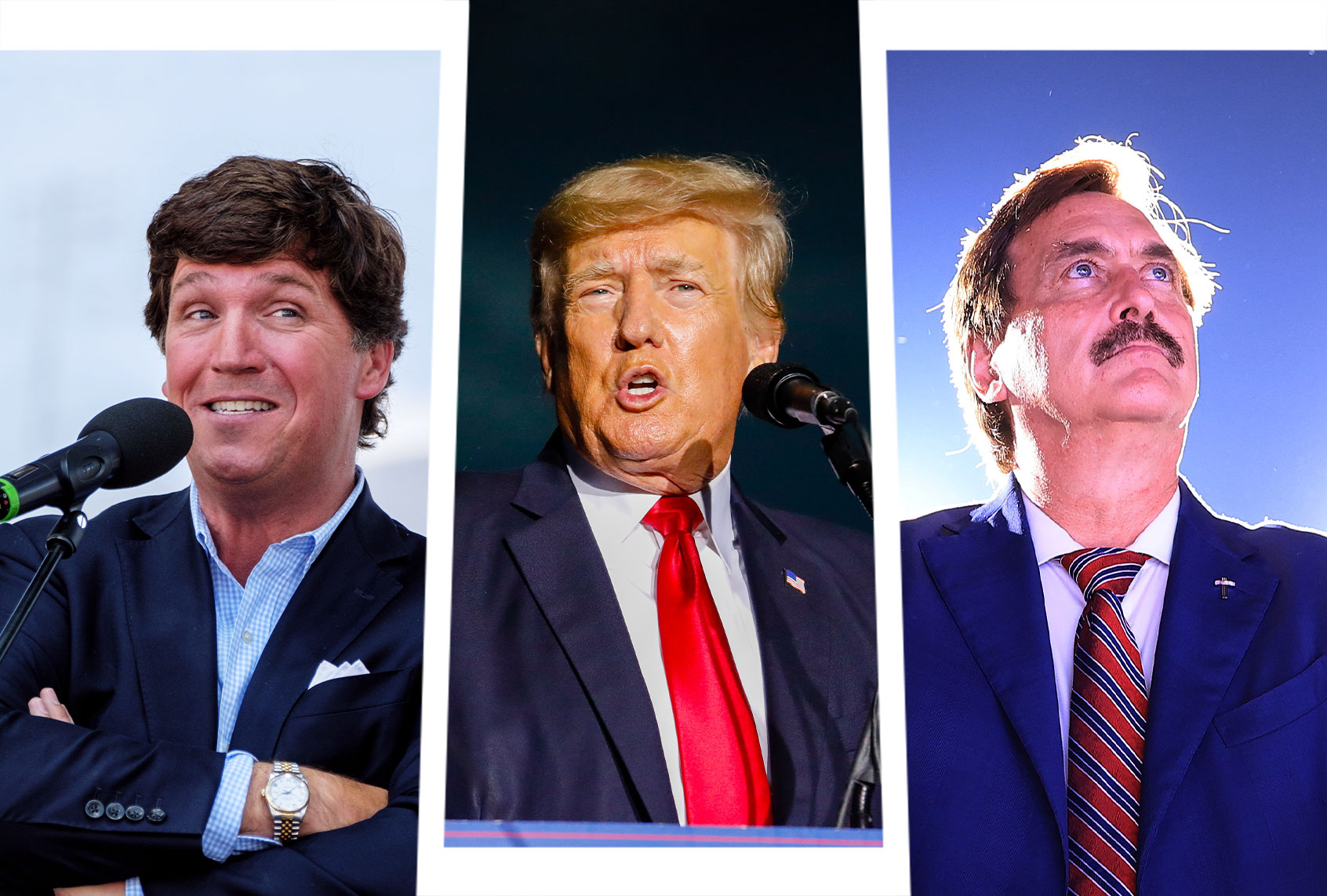 Tucker Carlson, Donald Trump and Mike Lindell (Photo illustration by Salon/Getty Images)