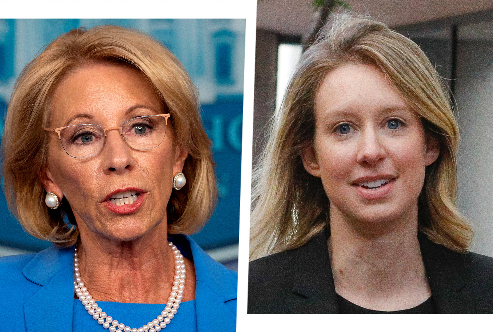 Former Secretary of Education Betsy DeVos, left, and Theranos founder Elizabeth Holmes (Salon illustration via Getty Images)