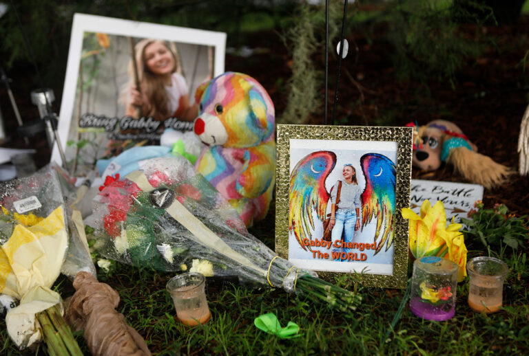 A makeshift memorial dedicated to Gabby Petito is located near the North Port City Hall on September 21, 2021 in North Port, Florida. The body of Petito was found by authorities in Wyoming, where she went missing while on a cross-country trip with her fiance, Brian Laundrie. Law enforcement agencies are for searching for his whereabouts. (Octavio Jones/Getty Images)