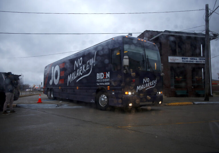 The bus of Democratic presidential candidate, former Vice President Joe Biden exits a parking lot after a campaign event on November 30, 2019 in Council Bluffs, Iowa. (Joshua Lott/Getty Images)