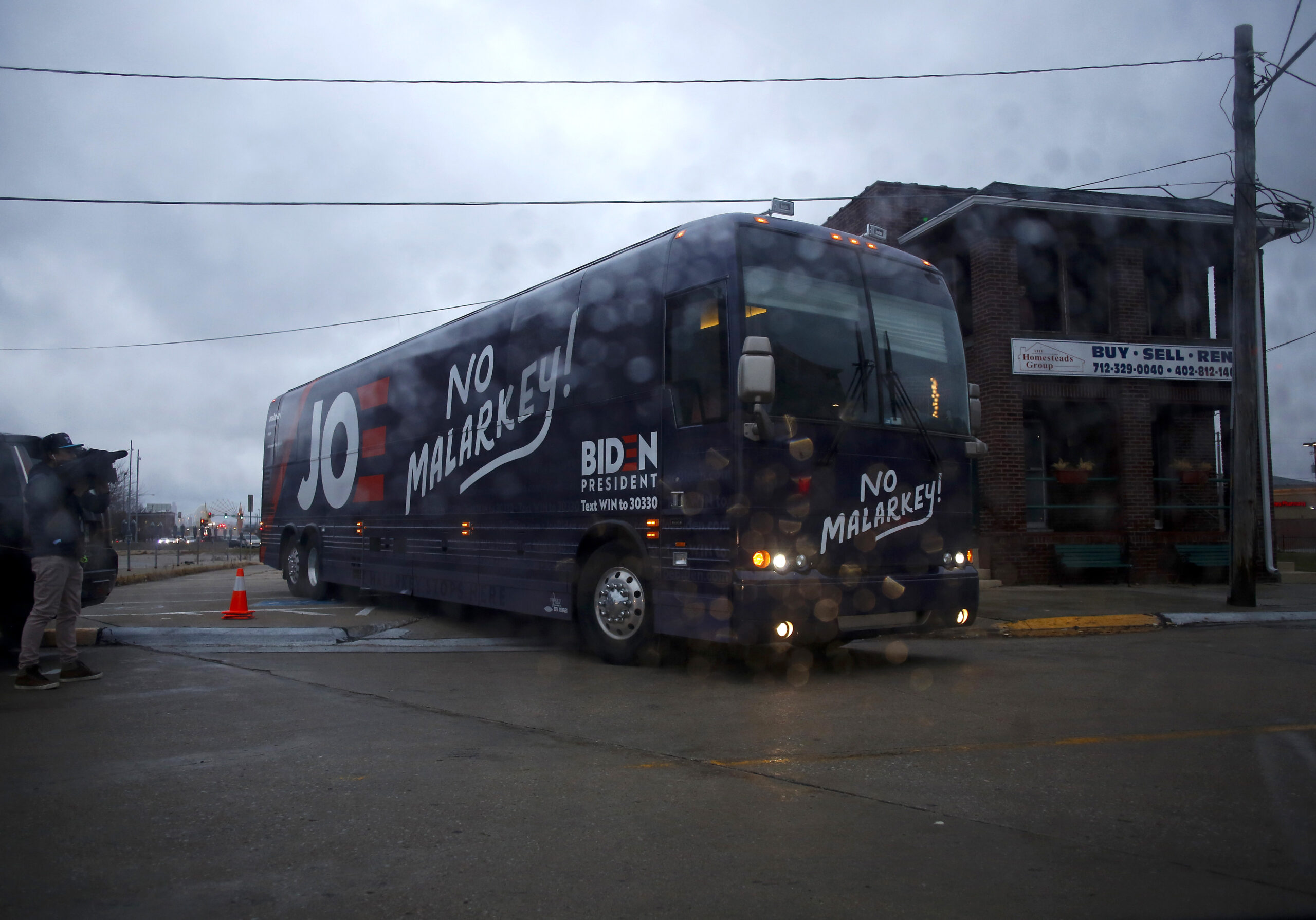 The bus of Democratic presidential candidate, former Vice President Joe Biden exits a parking lot after a campaign event on November 30, 2019 in Council Bluffs, Iowa. (Joshua Lott/Getty Images)
