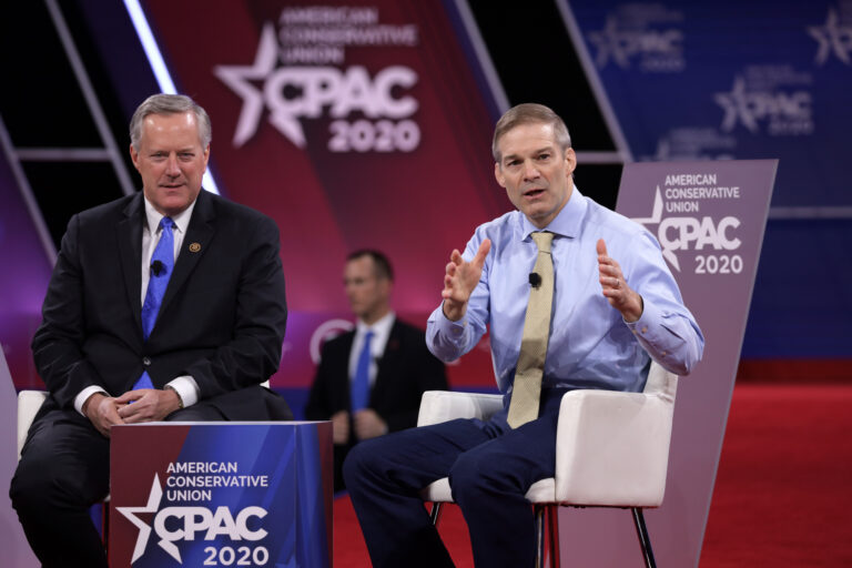 U.S. Rep. Mark Meadows (R-NC) and Rep. Jim Jordan (R-OH) participates in a discussion during the annual Conservative Political Action Conference (CPAC) at Gaylord National Resort & Convention Center February 27, 2020 in National Harbor, Maryland. (Alex Wong/Getty Images)