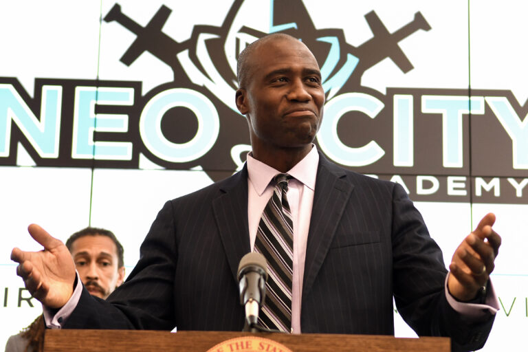 Newly appointed state Surgeon General Dr. Joseph Ladapo speaks during a press conference at Neo City Academy in Kissimmee, Florida. (Paul Hennessy/SOPA Images/LightRocket via Getty Images)