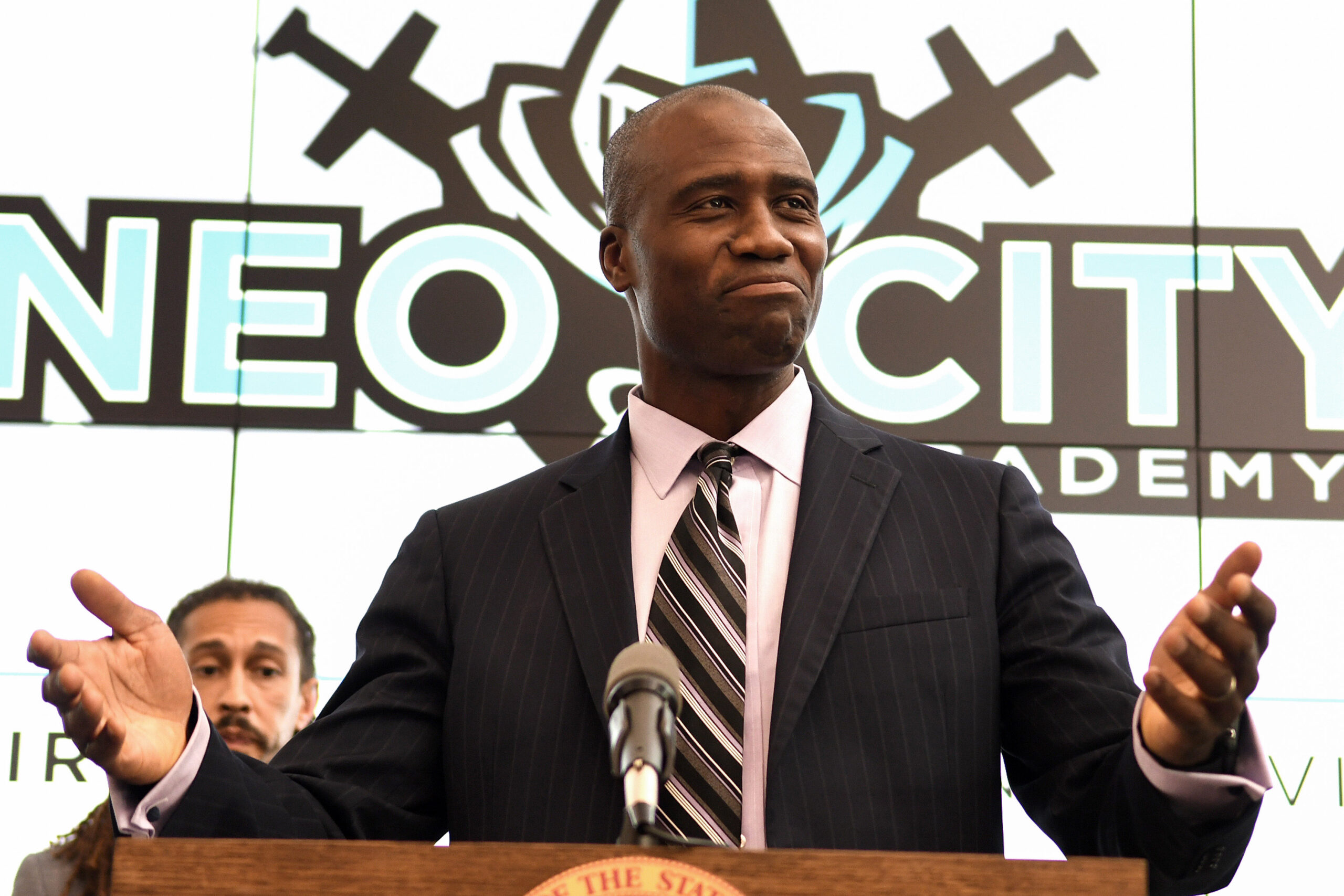 Newly appointed state Surgeon General Dr. Joseph Ladapo speaks during a press conference at Neo City Academy in Kissimmee, Florida. (Paul Hennessy/SOPA Images/LightRocket via Getty Images)