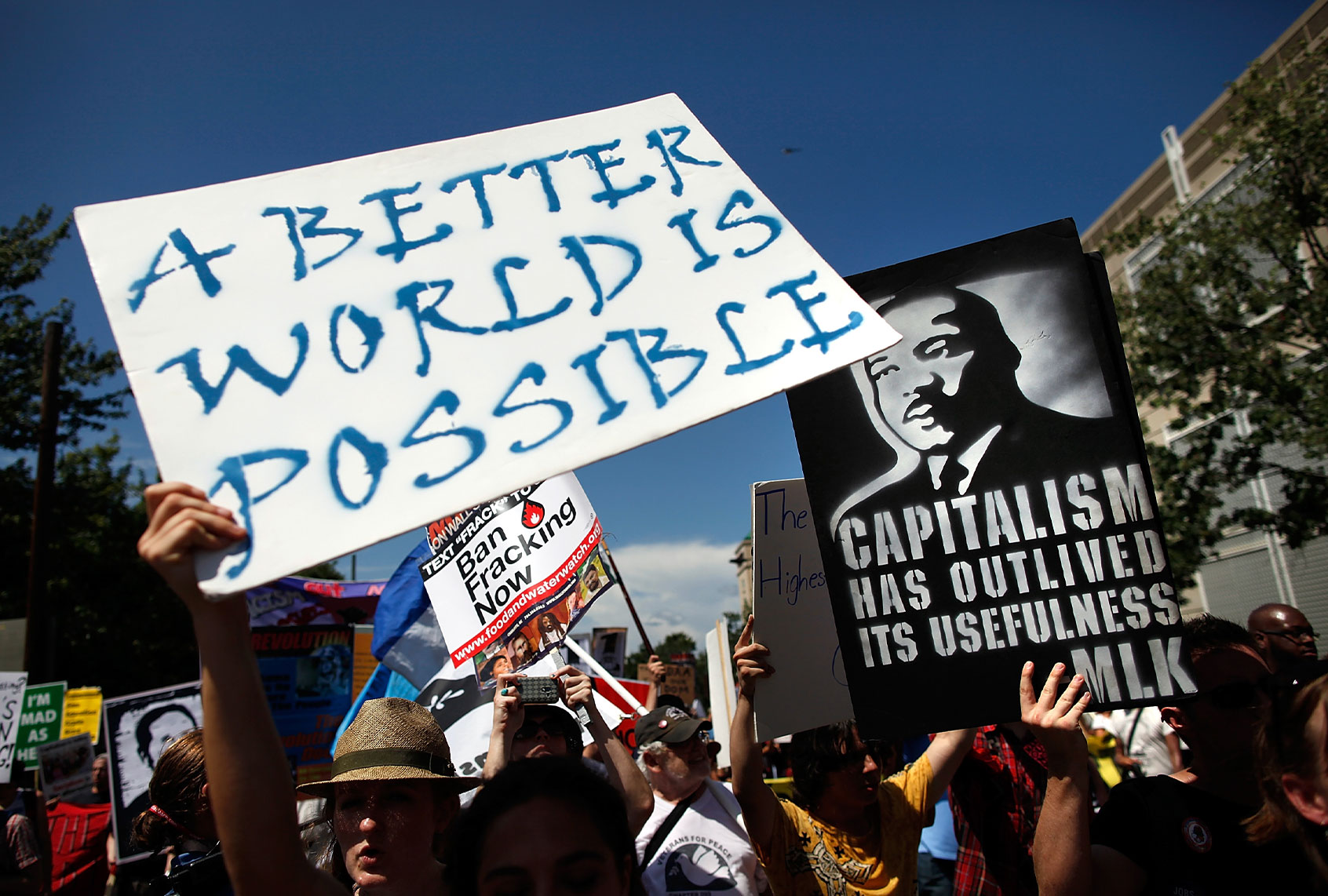 Protesters march through Uptown, the Charlotte the business district, before the start of the Democratic National Convention (DNC) September 2, 2012 in Charlotte, North Carolina. (Tom Pennington/Getty Images)