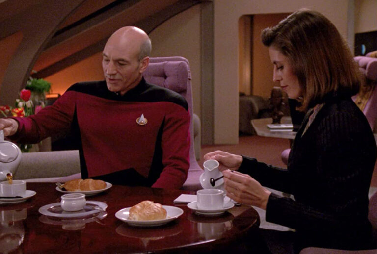 Patrick Stewart and Jennifer Hetrick in Star Trek: The Next Generation (1987) (Paramount Pictures)