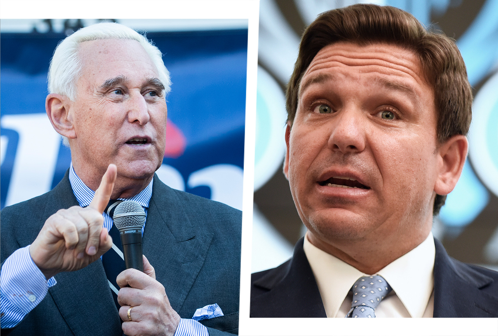 Roger Stone, left, and Florida Gov. Ron DeSantis (Salon illustration via Getty Images)