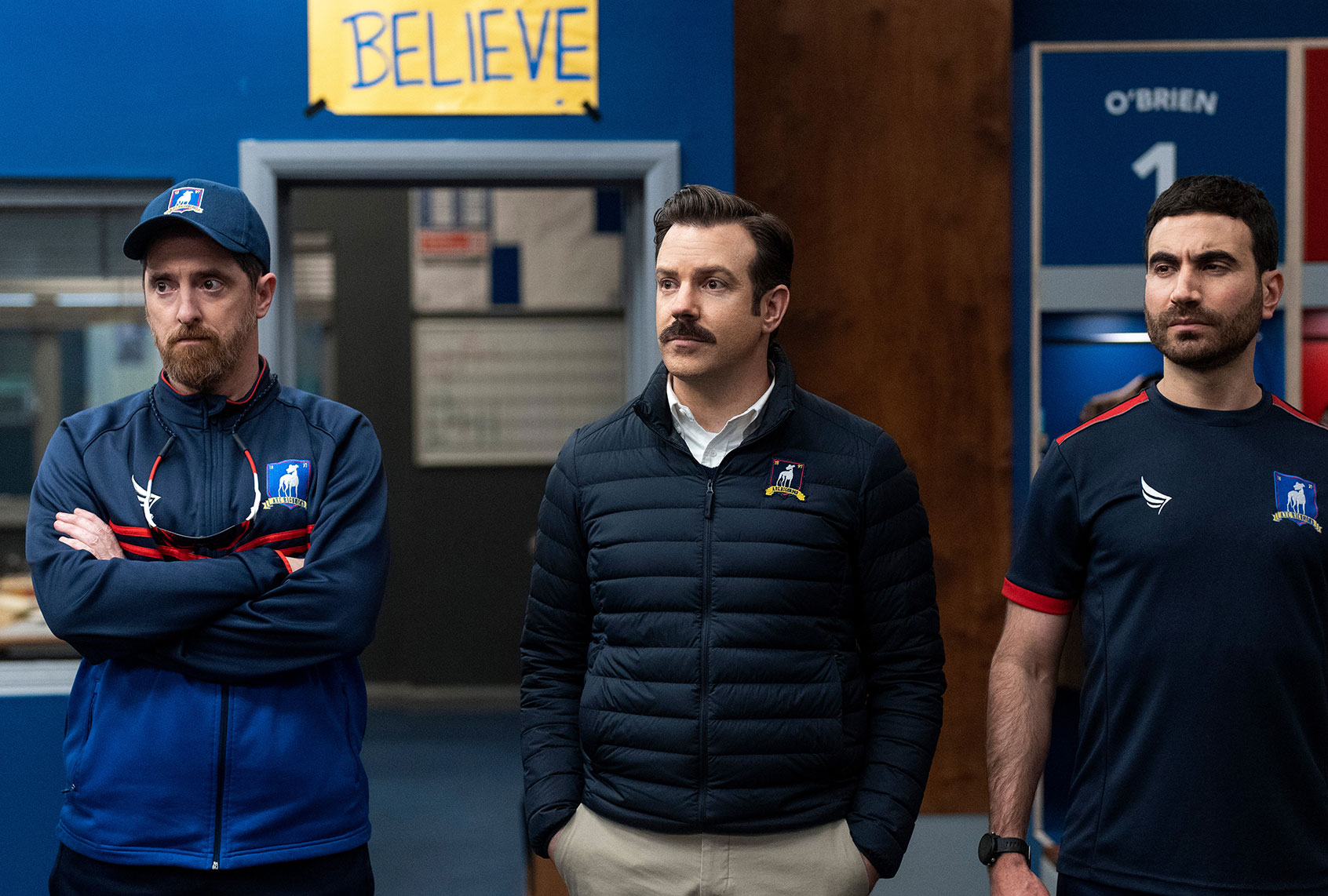 Brendan Hunt, Jason Sudeikis and Brett Goldstein in "Ted Lasso" (Apple TV+)