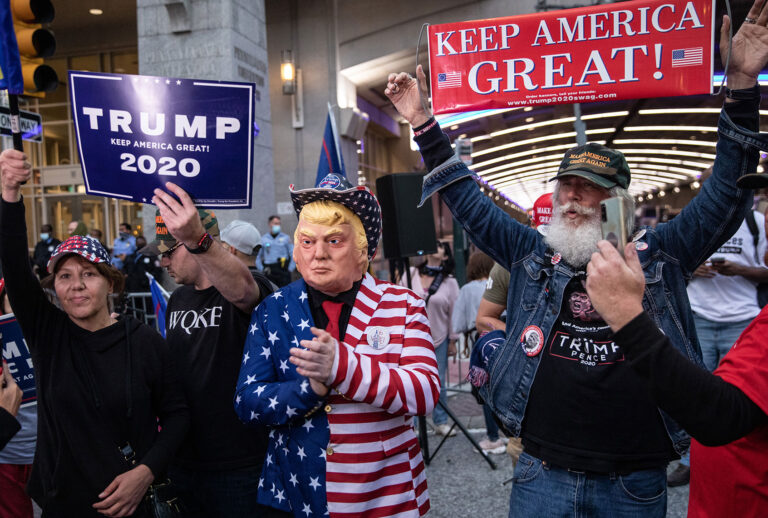 Supporters of U.S. President Donald Trump chant slogans and hold signs outside of the Philadelphia Convention Center as the counting of ballots continues in the state on November 06, 2020 in Philadelphia, Pennsylvania. (Chris McGrath/Getty Images)