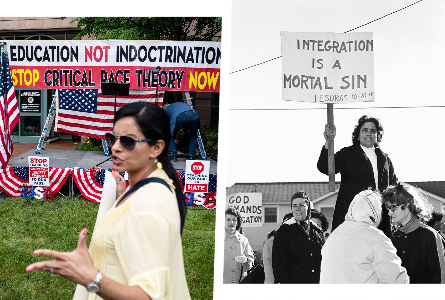 People talk before the start of a rally against "critical race theory" (CRT) being taught in schools at the Loudoun County Government center in Leesburg, Virginia on June 12, 2021. | Mrs. Lee Hooks and other white housewives demonstrate against planned desegregation at William Franz Elementary School in New Orleans. (Photo illustration by Salon/Getty Images)