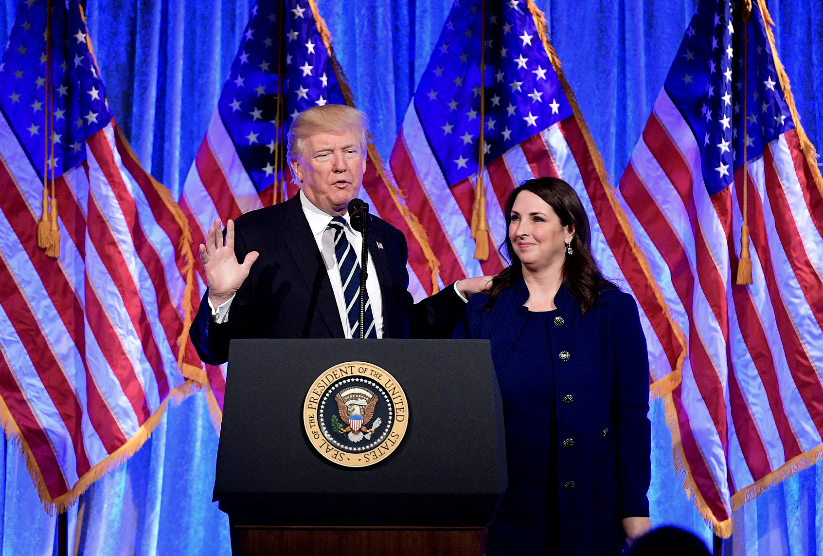 Former President Donald Trump speaks after his introduction by RNC Chairwoman Ronna Romney McDaniel at a fundraising breakfast in a restaurant in New York, New York on December 2, 2017. (MANDEL NGAN/AFP via Getty Images)