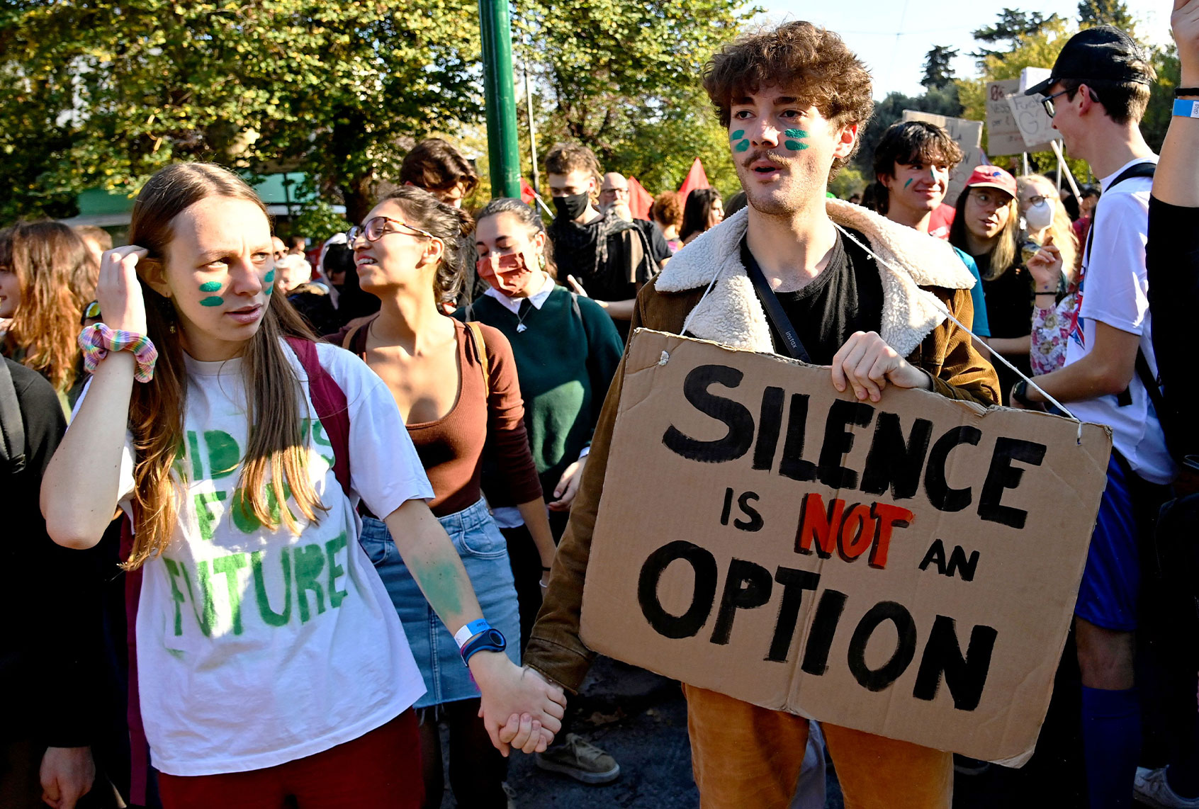 Climate activists from 'Fridays for Future' take part in a protest against the G20 of World Leaders Summit on October 30, 2021 between the Pyramid of Cestius and Circo Massimo in Rome. (ALBERTO PIZZOLI/AFP via Getty Images)