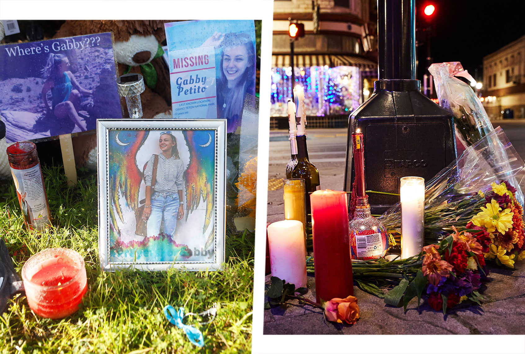 A makeshift memorial dedicated to missing woman Gabby Petito is located near City Hall on September 20, 2021 in North Port, Florida. A body has been found by authorities in Grand Teton National Park in Wyoming that fits the description of Petito, who went missing while on a cross-country trip with her boyfriend Brian Laundrie. | A makeshift memorial is pictured along the route of the parade on W Main Street in Waukesha, Wisconsin on November 22, 2021, the day after a vehicle drove through a Christmas parade killing five people. - US authorities identified the driver suspected of plowing into a Christmas parade in the Midwestern city of Waukesha, killing at least five and wounding dozens, as media reported he was fleeing a knife fight. (Photo illustration by Salon/Octavio Jones/Mustafa Hussain/AFP/Getty Images)