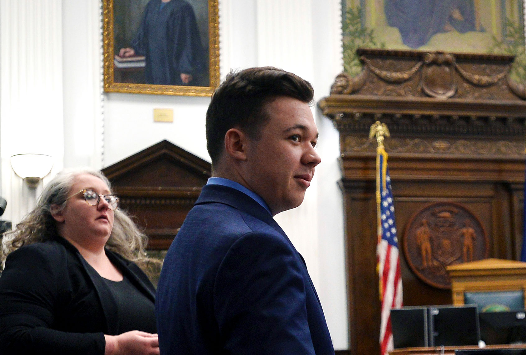 Kyle Rittenhouse, center, waits for the judge before the jury is relieved for the day during his trial at the Kenosha County Courthouse on November 18, 2021 in Kenosha, Wisconsin. (Sean Krajacic - Pool/Getty Images)